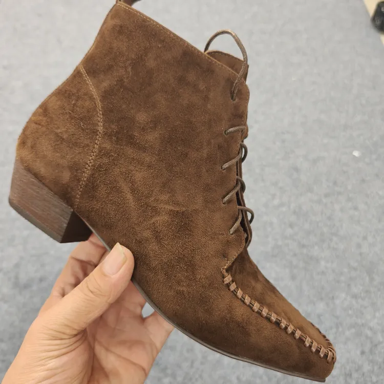 秋冬低跟法式方头粗跟侧拉链短靴时装靴棕色百搭女靴时尚