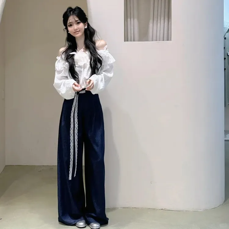 2025春季新款法式度假风花瓣一字领衬衫小衫女时尚显腿长阔腿裤