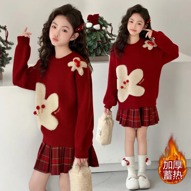 女童红色毛衣秋冬2025新款儿童冬装洋气加厚女大童新年套头针织衫