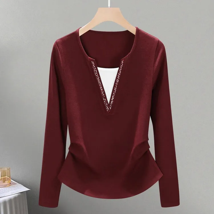 酷飒风高级感纯欲慵懒风女装钉珠假两件秋冬修身长袖打底衫t恤女