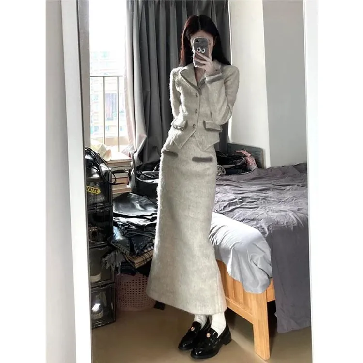 小香风套装女秋冬季miu系穿搭高级感气质毛呢外套半身裙子两件套