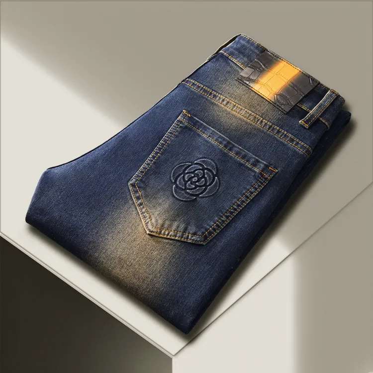 秋冬高端修身小脚裤牛仔裤男士深蓝色高弹力中腰欧货九分裤长裤子