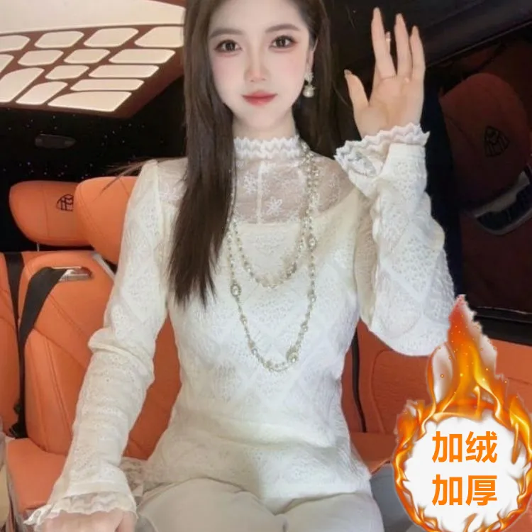修身镂空高领蕾丝针织衫女秋冬新款小个子法式高级长袖打底衫上衣