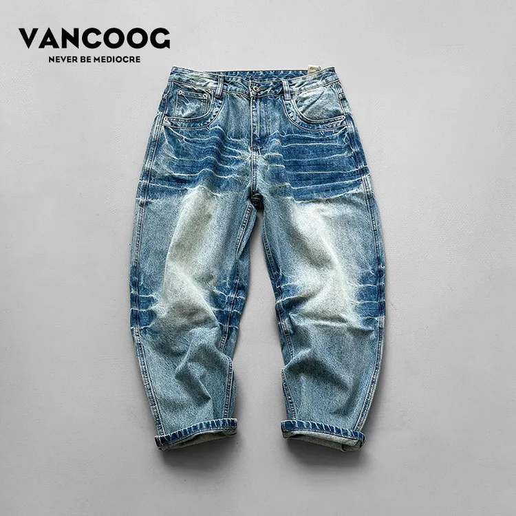 VANCOOG秋季美式潮牌猫须水洗百搭锥形跨裤宽松哈伦休闲牛仔裤男