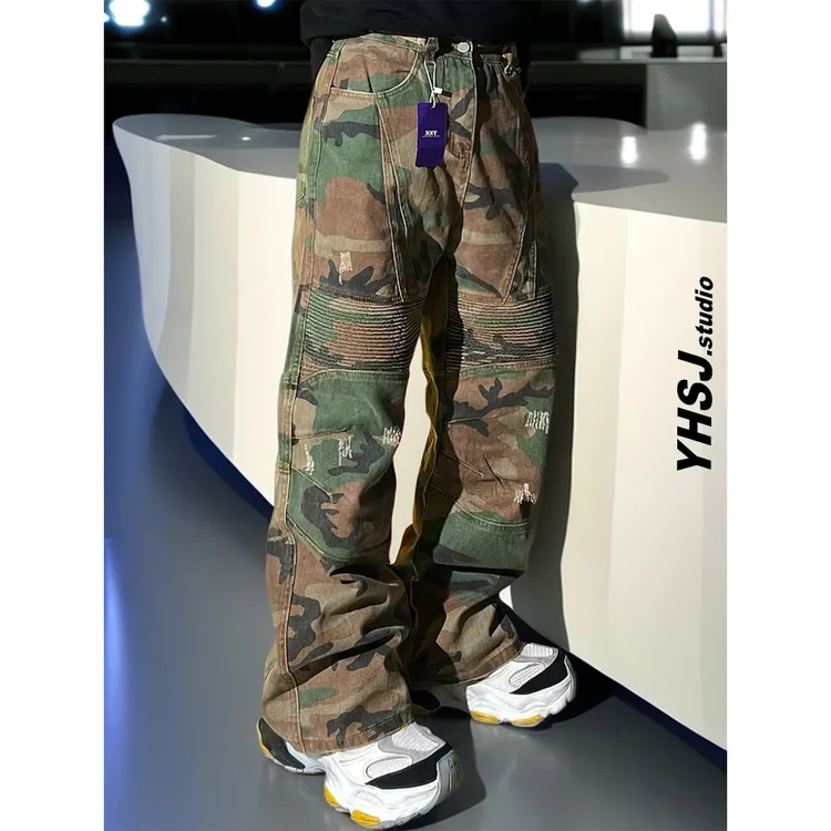 YHSJ巴黎cargo迷彩工装牛仔裤美式复古休闲宽松直筒潮牌潮流裤子