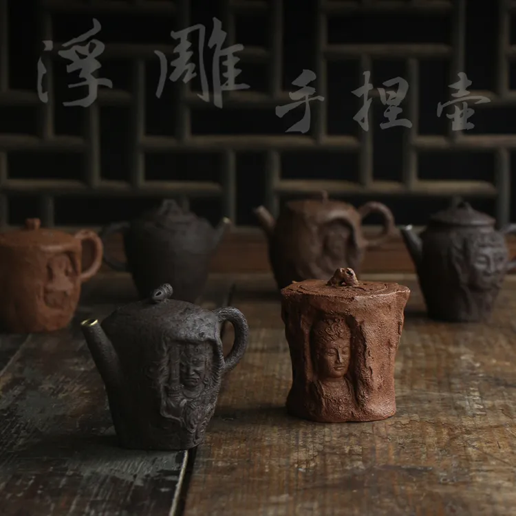 浮雕 紫砂手捏壶 段泥紫泥 紫砂高端泥料