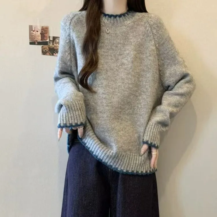 秋冬季女装韩系高级撞色毛衣女内搭2025新款遮肉显瘦长袖针织上衣