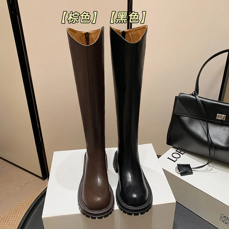 厚底靴子女粗跟高筒靴2025秋冬新款百搭瘦腿真皮长靴小个子长筒靴