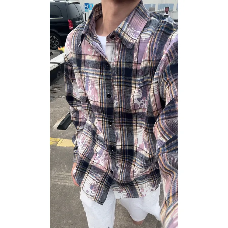 cleanfit扎染绿色格子衬衫男夏季设计感长袖衬衣美式复古情侣外套