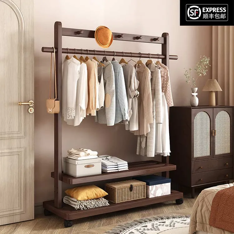 新中式衣帽架卧室挂衣架衣架挂衣服落地式可移动晾衣架衣架子实木