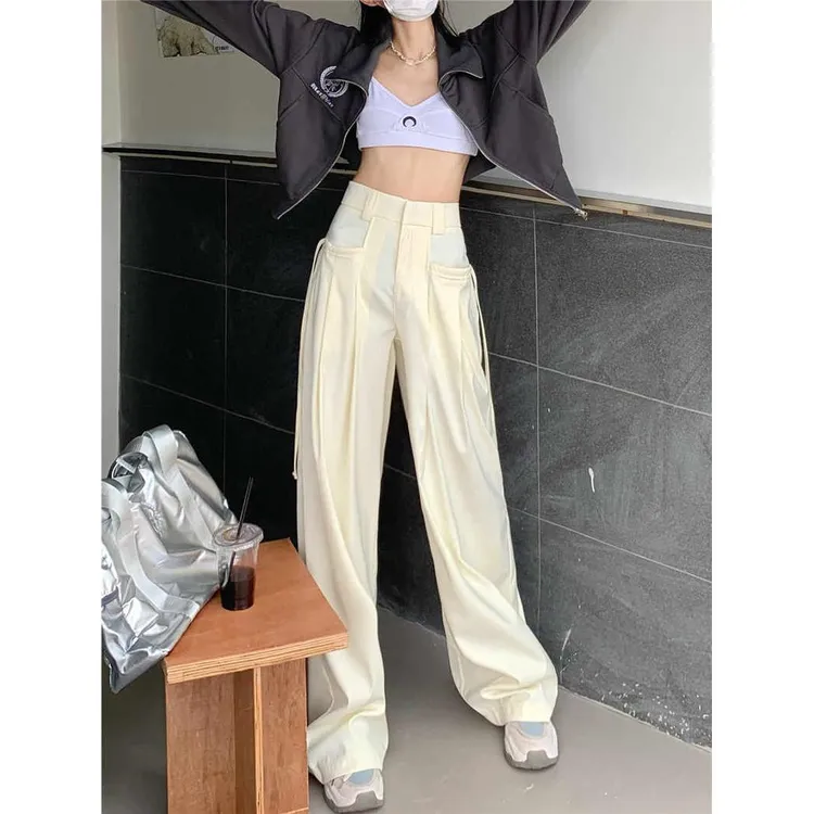 优品美式复古百搭工装裤女春夏季高腰口袋休闲裤垂感显瘦阔腿裤子