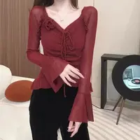 大码女装2559高级花朵挂脖亮丝网纱长袖T恤纯欲风喇叭袖扎染上衣