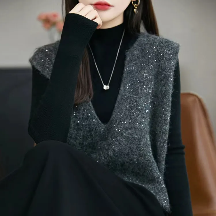 法式V领亮片针织马甲女秋冬加厚宽松叠穿无袖坎肩显瘦背心上衣