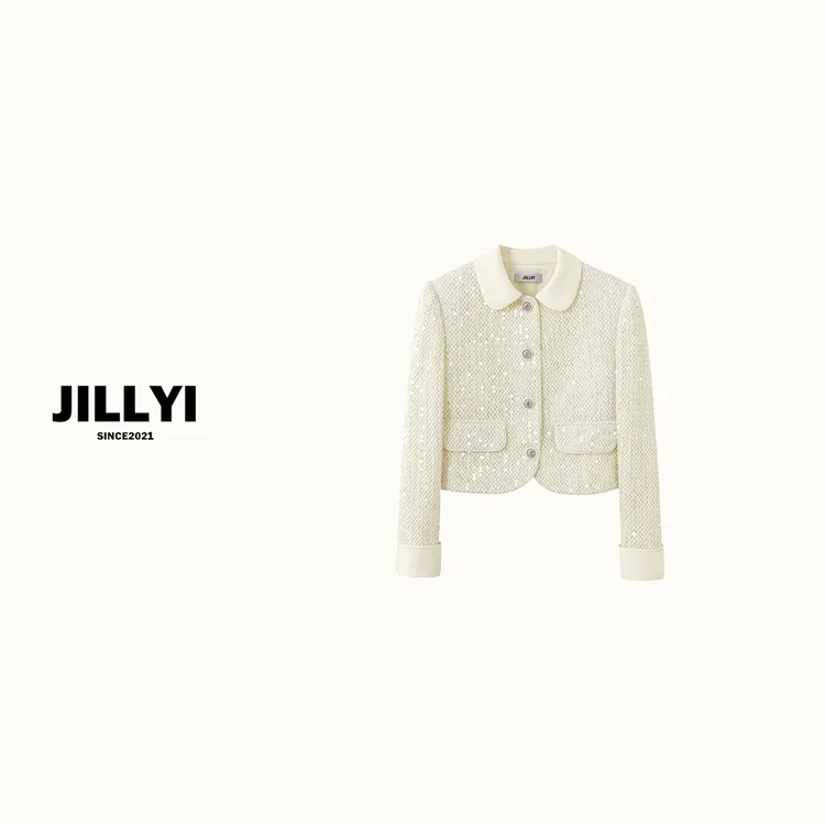 jillyi【纯白霞光】杏色娃娃领亮片修饰长袖开衫气质时尚短外套