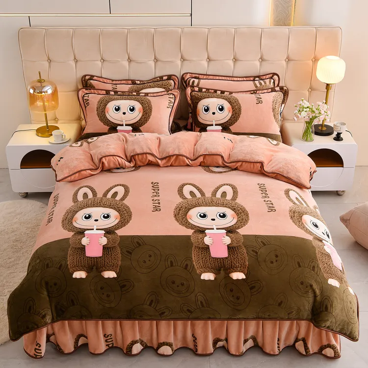 新款床裙款高克重牛奶绒印花四件套加绒防静电加厚宿舍床上用品