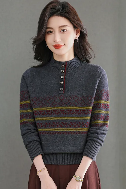 【羊毛衫】新款秋冬女士半高领羊毛衫厚款保暖洋气条纹显瘦打底针织