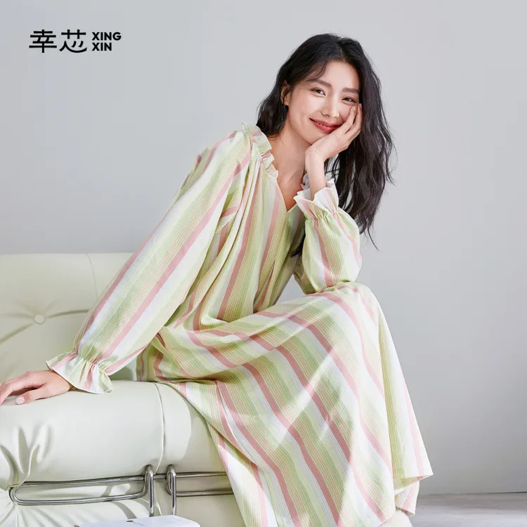 幸芯纯棉长袖睡裙女甜美春秋长款印花透气条纹宽松休闲薄款家居裙