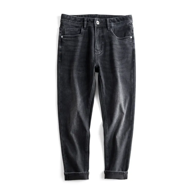 秋冬洗水黑牛仔裤男士高端微宽松小直筒休闲裤保暖柔软2个裤长选