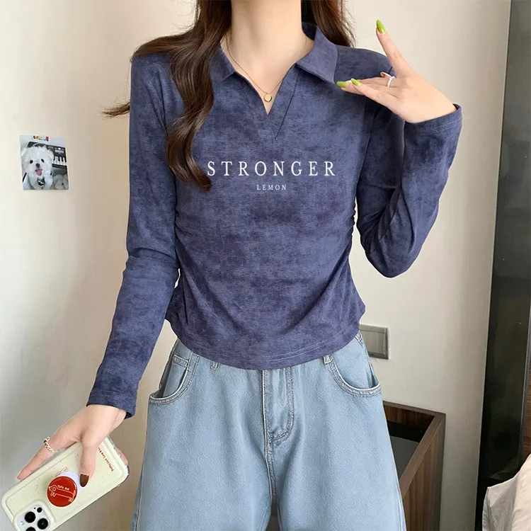 polo翻领正肩美式复古扎染长袖女t恤秋季褶皱显瘦修身打底衫上衣