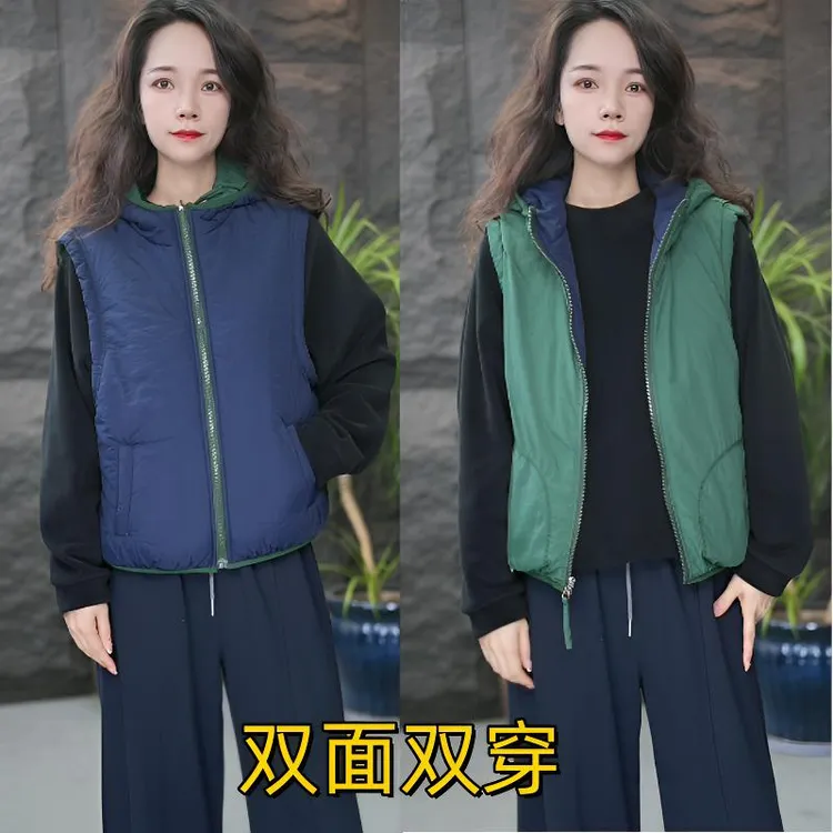 JJ【双面双穿马甲】连帽常规秋冬季纯色宽松型马夹短款加厚外穿坎肩