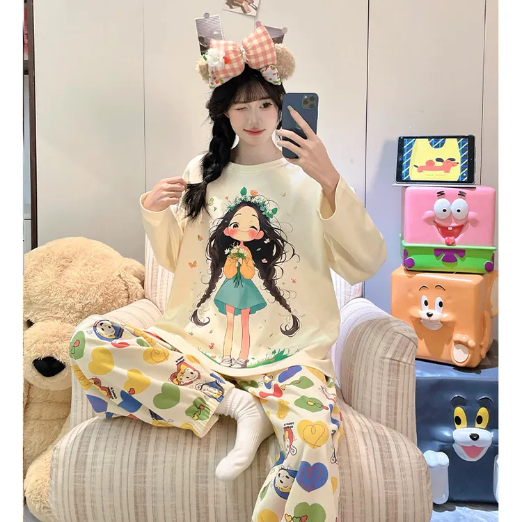 春秋季睡衣女长袖长裤爆款2025新款甜美卡通涂鸦高颜值家居服套装