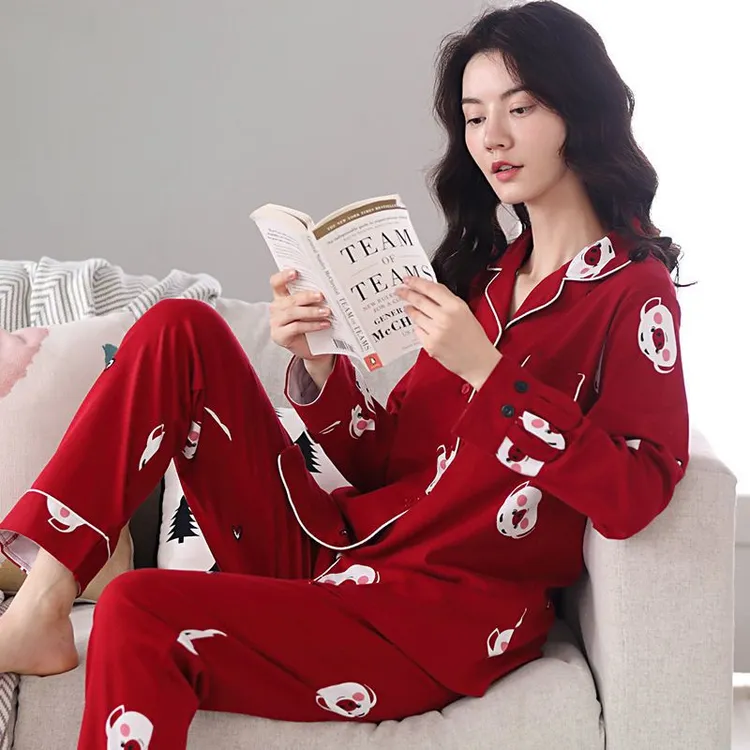俞兆林100%纯棉结婚喜庆家居服女春秋冬新款长袖中年红色开衫睡衣