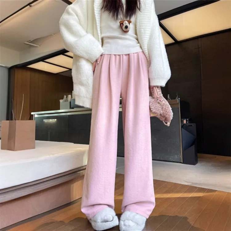 粉色显瘦高腰阔腿裤女秋冬季加厚绒新款小个子休闲奶芙直筒山本裤
