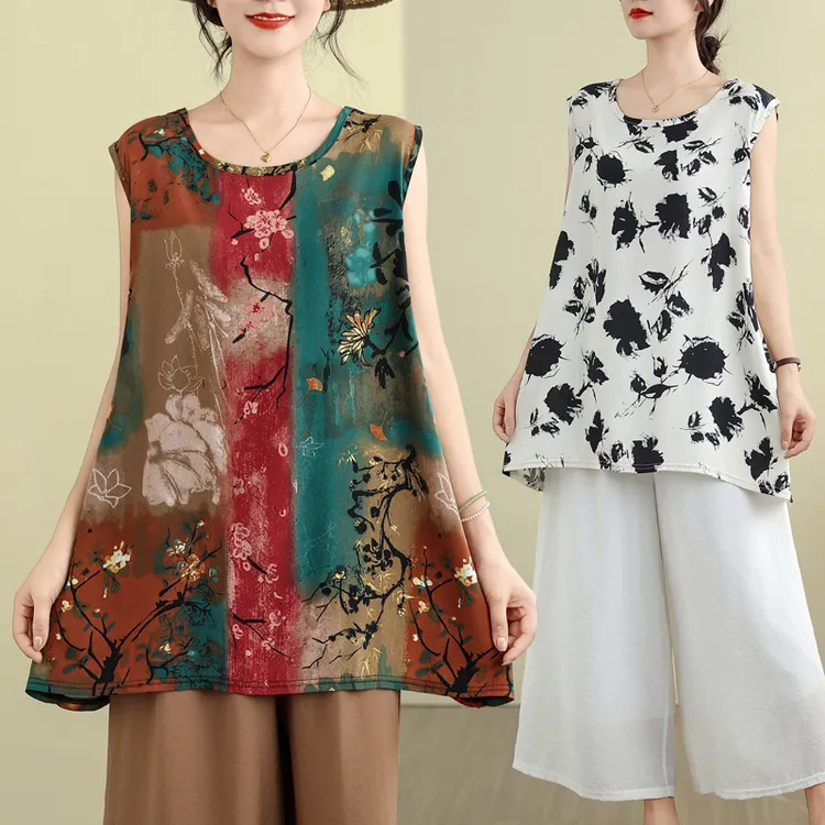 夏季新款A摆薄款宽松中老年女装T恤中国风印花棉绸上衣背心衫大码