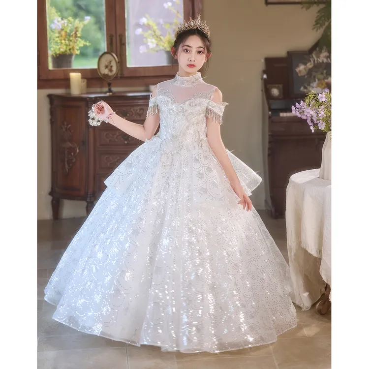 儿童礼服高端洋气白色小女孩生日公主裙婚礼花童主持人钢琴演奏服