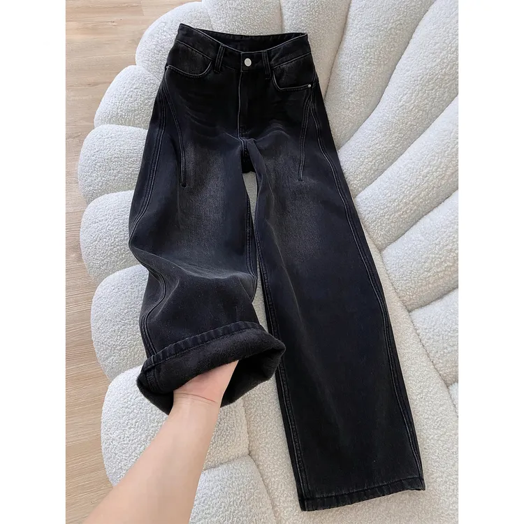 黑色弯刀加绒直筒牛仔裤高腰女2025秋冬季新款显瘦宽松阔腿裤