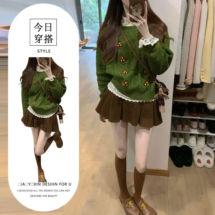 秋冬搭配一整套韩系圣诞节绿色麻花毛衣搭配蕾丝内搭短裙三件套女