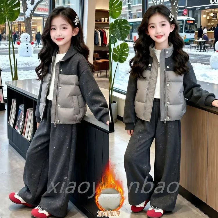 女童秋冬加棉加厚撒银棉衣套装中大童女孩宽松拼色棉服外套两件套
