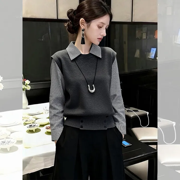 独特漂亮假两件小衫外出毛衣polo领针织衫洋气上衣服女韩系秋冬装