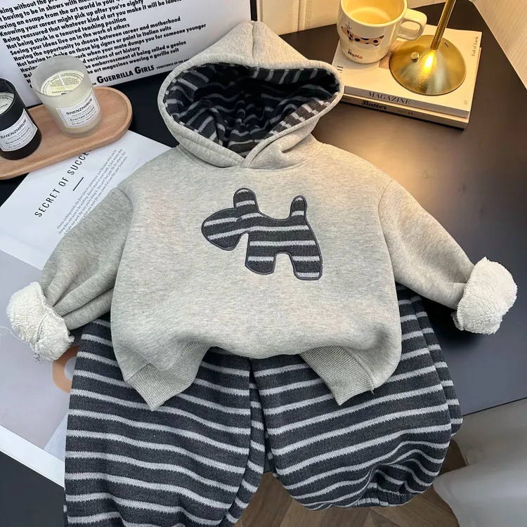 【加绒加厚】2025新款条纹小狗洋气休闲韩版男女童连帽条纹裤套装