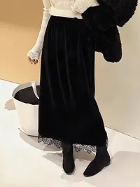 【88086-1】丝绒蕾丝复古垂感黑色显瘦半身直筒裙
