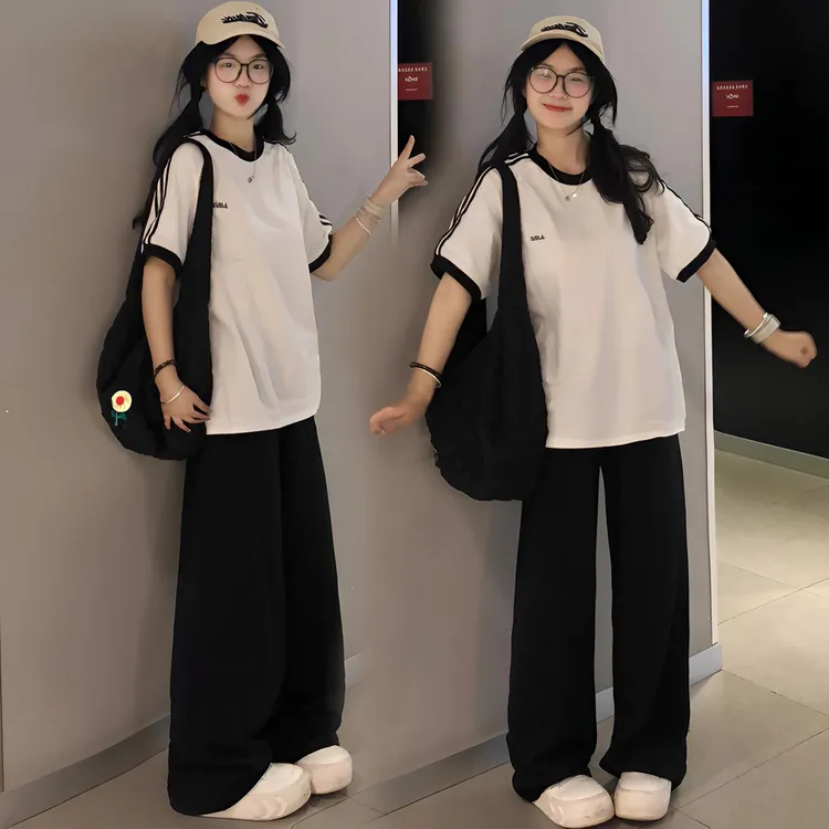 夏季慵懒短袖阔腿裤休闲两件套装女15-18岁初高学中生潮牌运动服