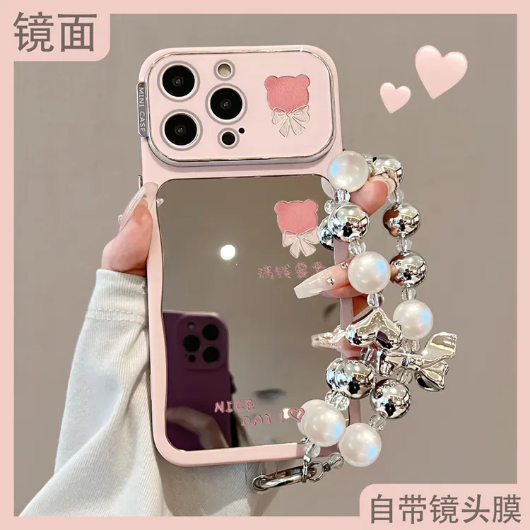 卡通大视窗适用苹果16promax手机壳iPhone15pro带挂绳14网红镜子