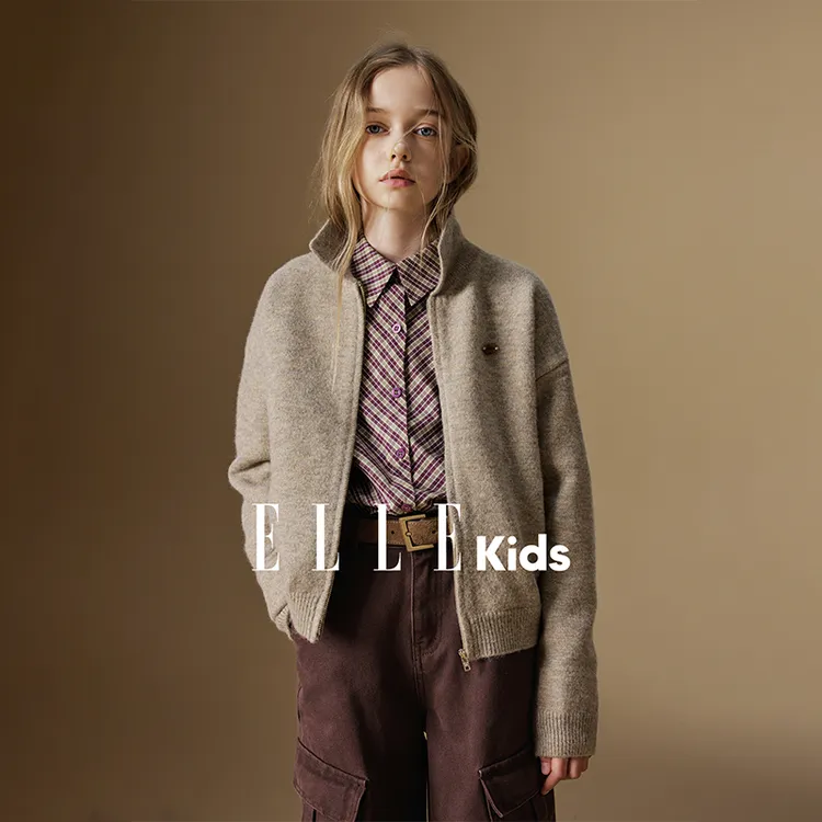 ELLE KIDS 复古翻领针织开衫女童秋季新款学院风拉链插袋毛衣Q5