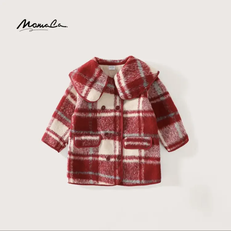 MOMOCO冬季新款女童时尚洋气甜美毛呢格子中长款外套75830126005