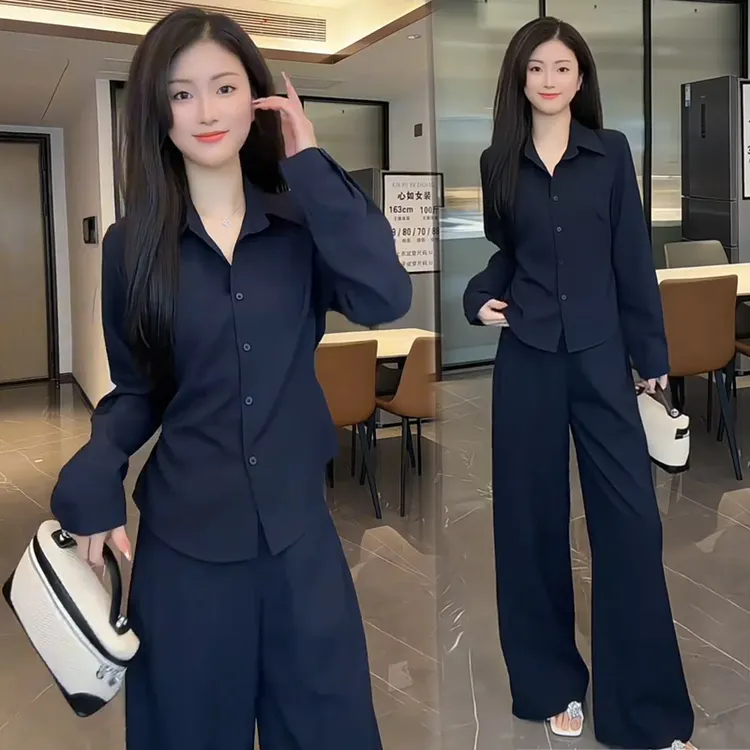 时尚套装女2025早秋新款时髦洋气长袖polo领衬衫阔腿裤气质两件套