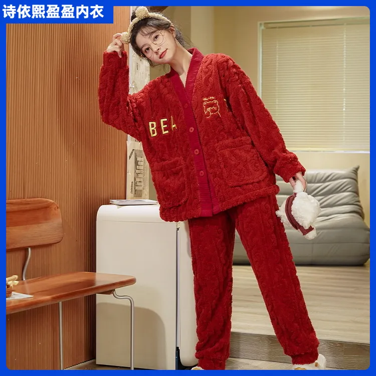 睡衣秋冬款女款珊瑚绒加绒加厚法兰绒本命年红色秋冬季减龄家居服