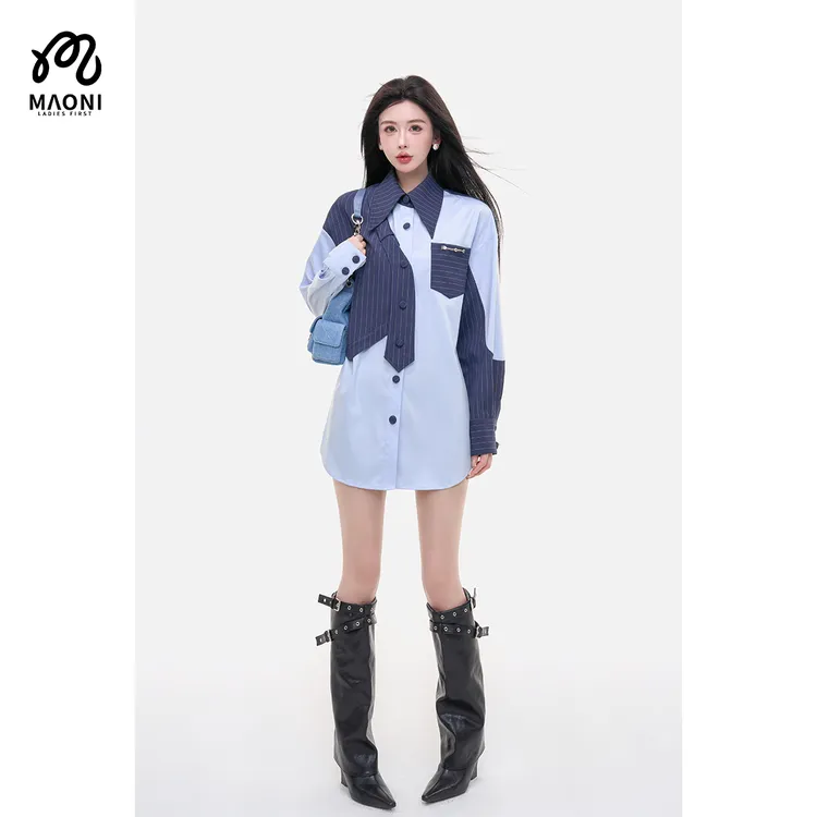 毛妮LADIESFIRST【独特设计】不规则设计感拼色条纹衬衫早秋L2317