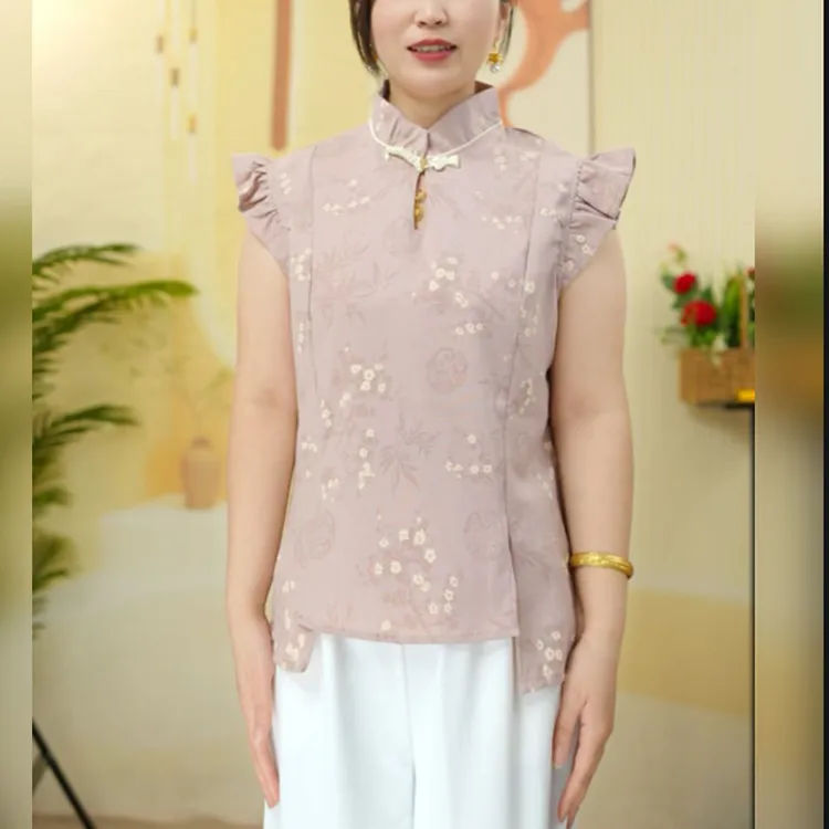 【凤尚精选】新中式盘扣小飞袖上衣女时尚洋气减龄百搭显瘦遮肉小衫