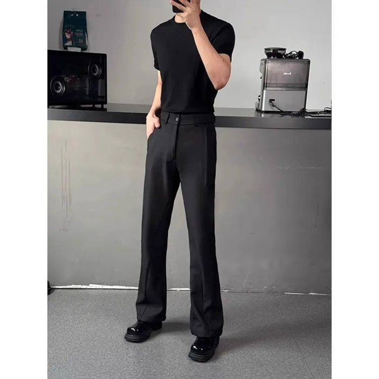 黑色cleanfit斜切微喇西裤男秋冬季美式修身显瘦裤子微喇直筒长裤