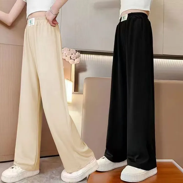 女童洋气裤子2025夏季新款宽松显瘦冰丝垂感休闲运动阔腿直筒长裤