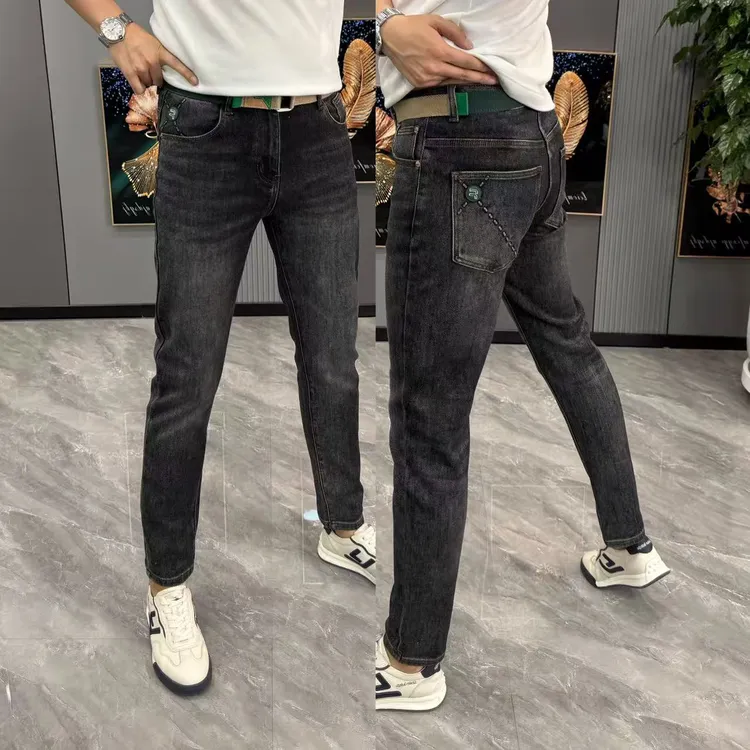 裤子男款简约男士牛仔裤时尚百搭自带腰带小脚裤深色百搭修身长裤