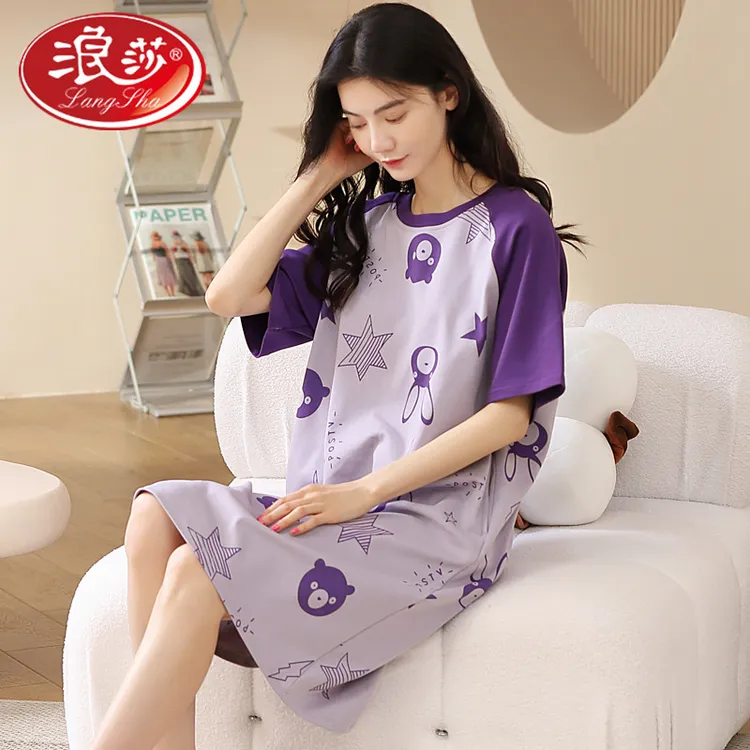 浪莎卡通睡衣女款100%纯棉短袖睡裙女夏季全棉宽松可爱家居服薄款