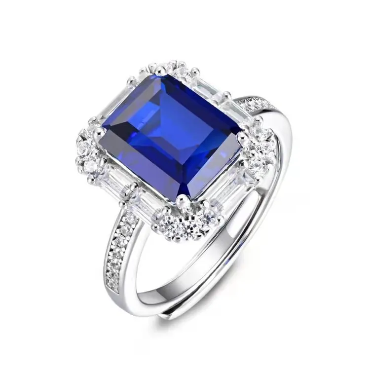 培育蓝宝石 法国高端不掉色925银培育蓝宝石戒指4.2CT 3.75g