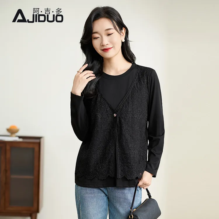 阿吉多假两件黑色T恤女春季2026年新款重工绣花高级复古妈妈上衣