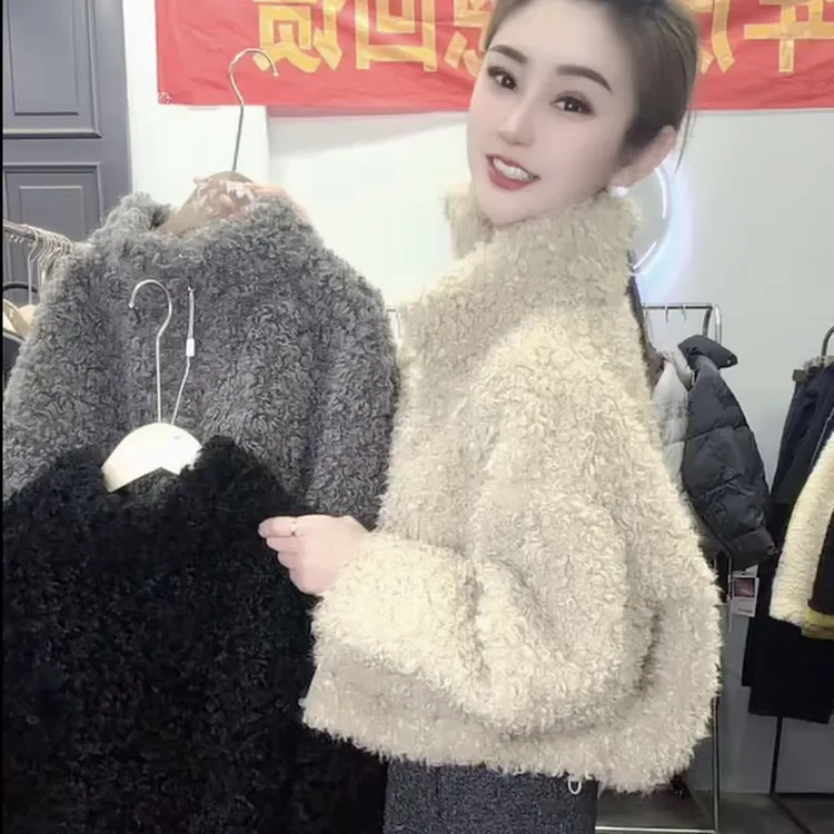 洋气小众秋冬新款时尚百搭立领短款加厚显瘦毛毛外套女